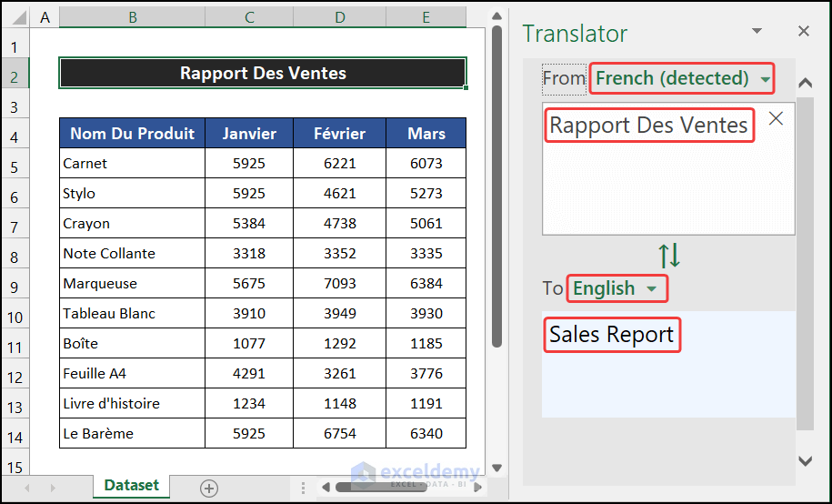 Translate a text of the Excel file from French to English