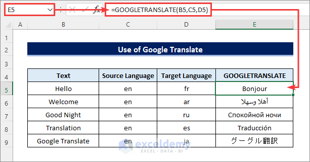 translate language using GOOGLETRANSLATE function in Excel
