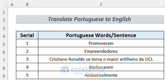translate portuguese to english in excel