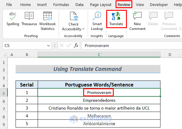 translate portuguese to english in excel method 1