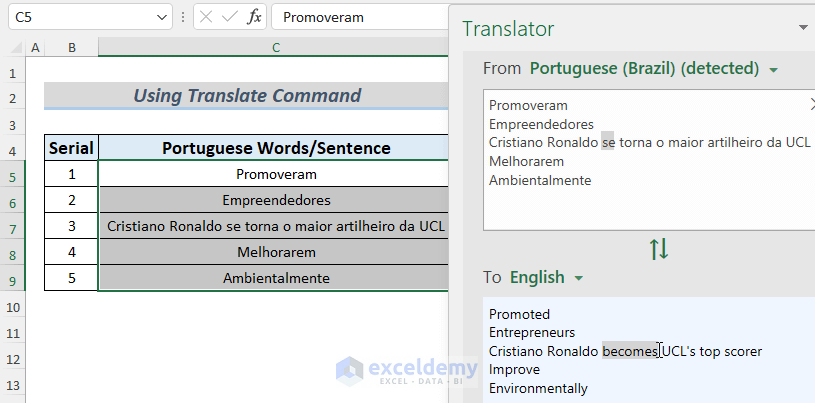 translate portuguese to english in excel