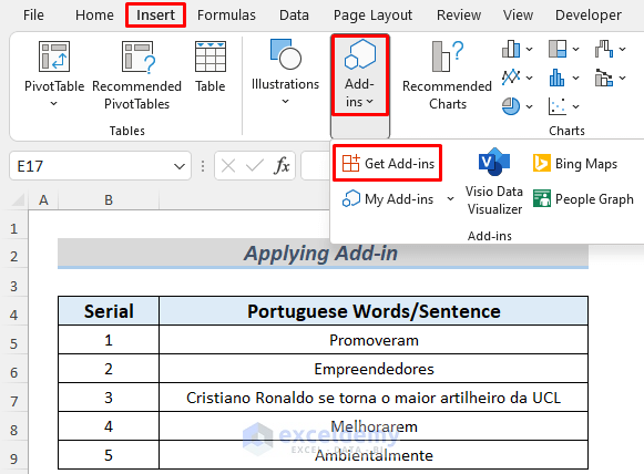 Applying Translator Add-in to Translate Portuguese to English in Excel