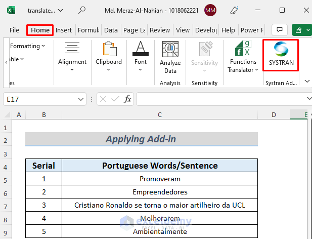 Applying Translator Add-in to Translate Portuguese to English