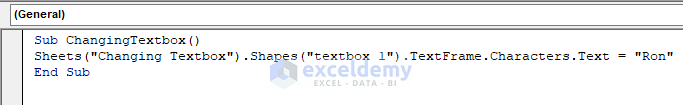 Inserting VBA code to VBA Change Textbox Text in Excel