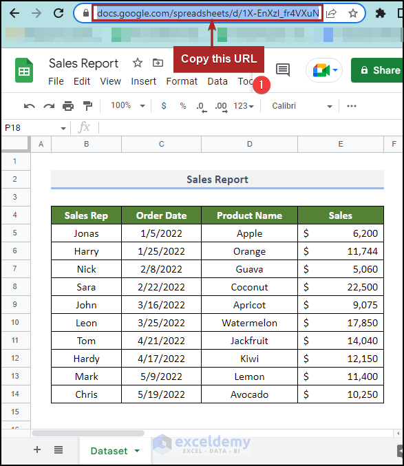Copying the URL of the Google sheet