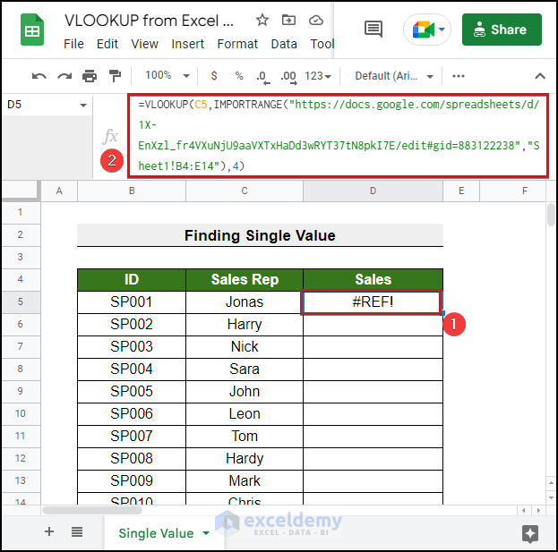 Inserting formula to vlookup from excel to google sheets