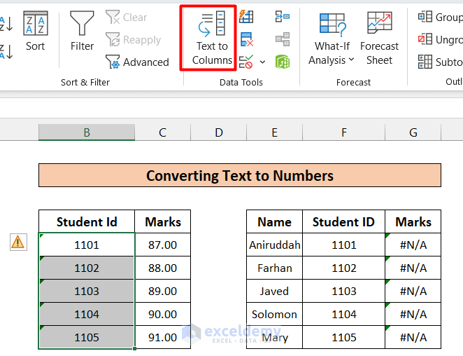 Converting Text to Numbers for Solving VLOOKUP Not Working with Numbers