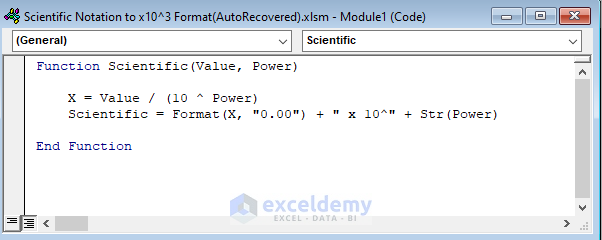 Insert User-Defined Function to Show x10 to the Power of 3 Format in Excel