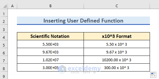 Insert User-Defined Function to Show x10^3 Format in Excel