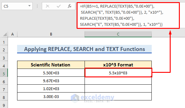 Use Formula to Convert Scientific Notation to x10 to the Power of 3 Format in Excel