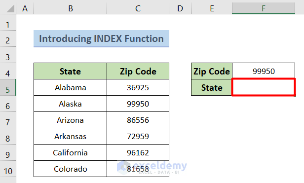 Changing Zip Code to State by Excel Formula by Introducing INDEX Function