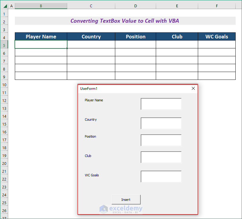  Excel VBA TextBox Value to Cell