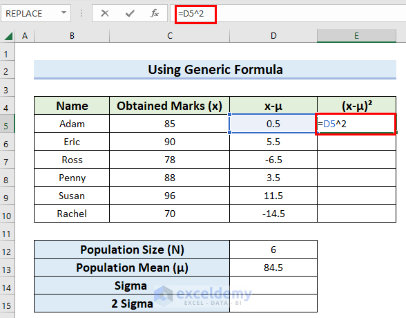 Calculate (x-µ)2 to Calculate 2 Sigma in Excel