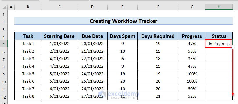 Using Fill Handle Tool for Workflow Tracker in Excel