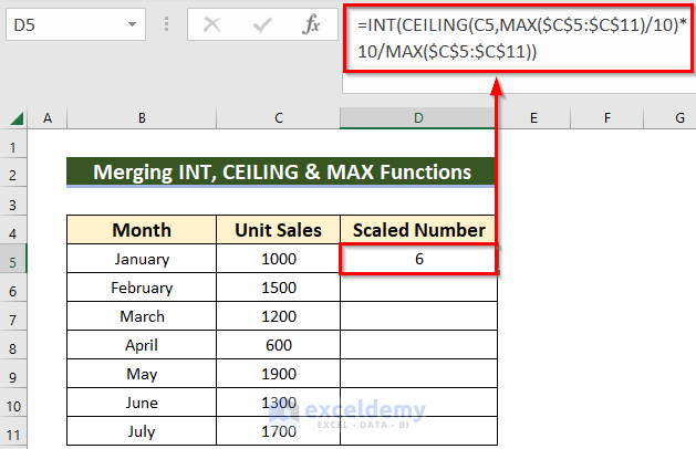 Merge INT, CEILING, and MAX Functions to Resize Numbers in Excel