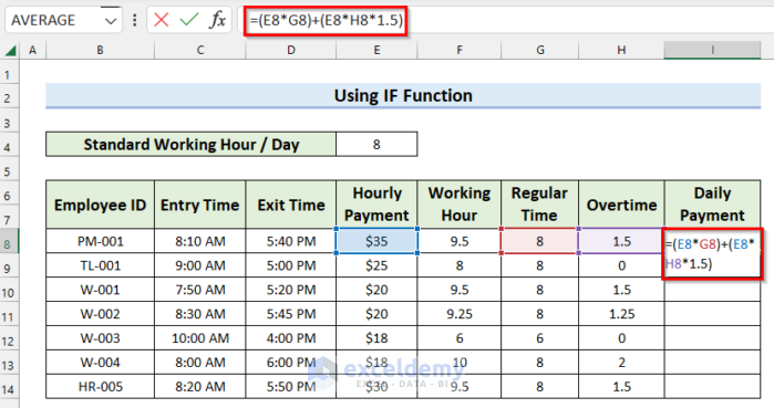 Daily Payment Formula for Overtime Payroll in Excel