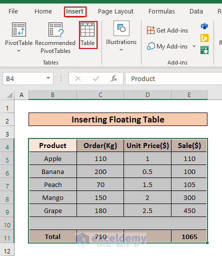 Floating Table in Excel 