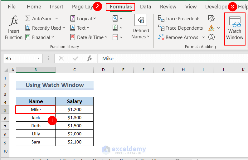 Using Watch Window to Navigate Between Sheets in Excel 