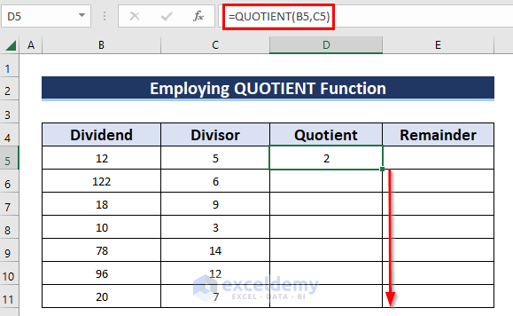 Dragging Fill Handle to Copy Formula to Separate Quotient and Remainder in Excel