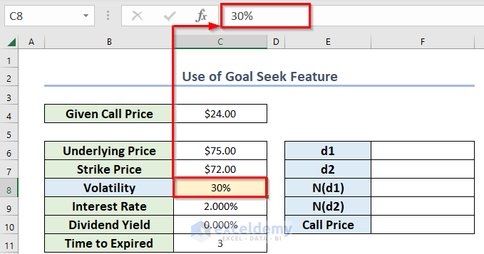 Assume Volatility for Using Black Scholes Formulas in Excel