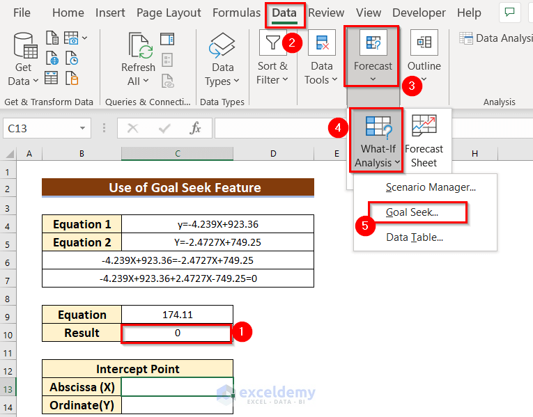 Using Goal Seek Feature to Find Interception of Two Lines in Excel