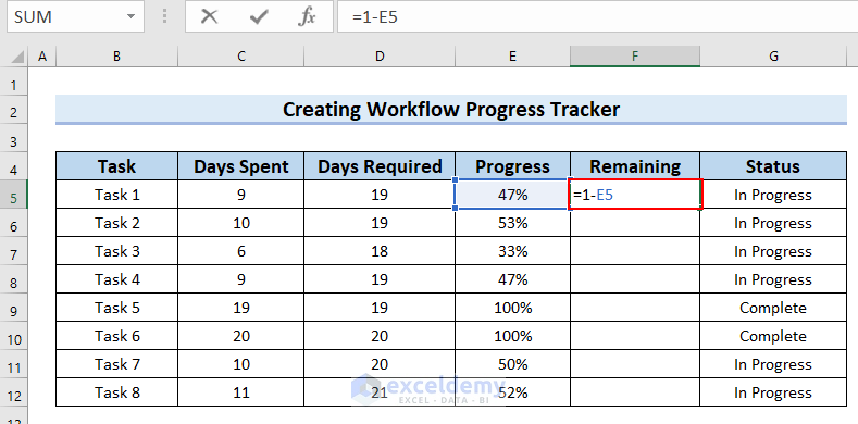 Comuting Remaining for Workflow Tracker in Excel