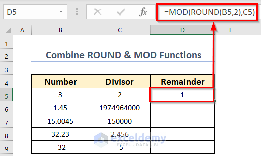 Merge Excel ROUND and MOD Functions as MOD Function Not Working 