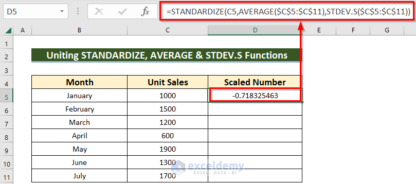 Unite STANDARDIZE, AVERAGE, and STDEV.S Functions in Excel for Scaling Numbers