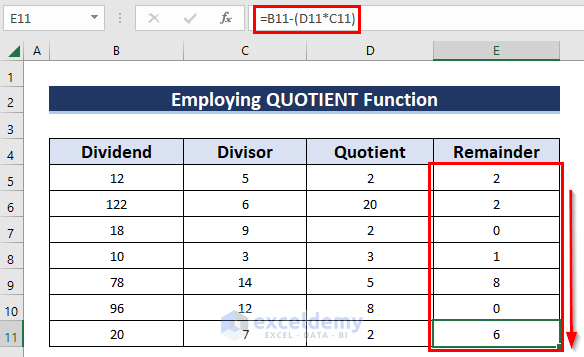 how to separate quotient and remainder in excel