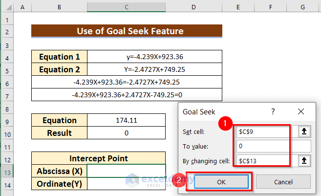 Using Goal Seek Feature to Find Intercept of Two Trendlines in Excel