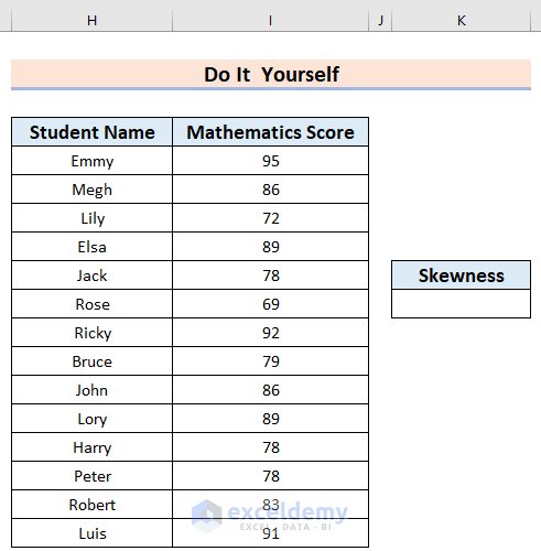 Practice Section to Calculate Skewness in Excel