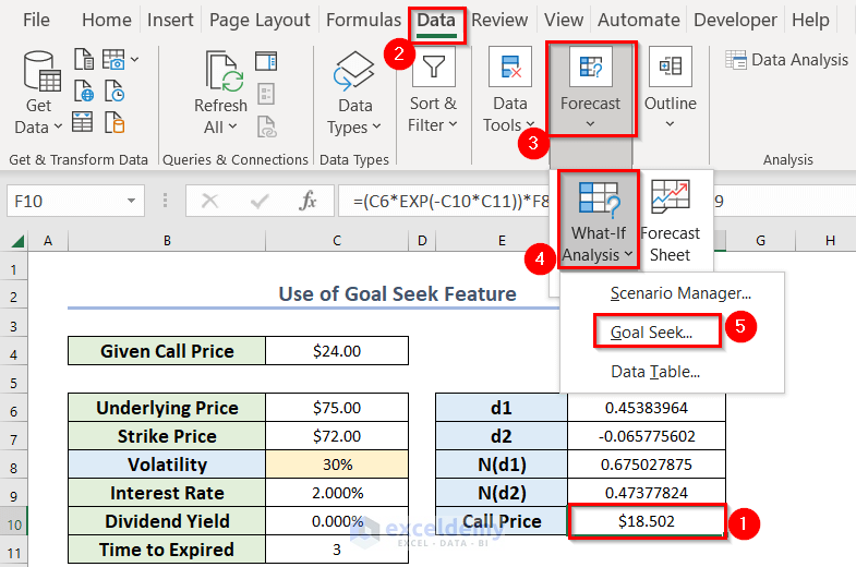 Use of Goal Seek Feature to Compute Volatility for Black Scholes in Excel