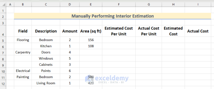 Insert Data to Do Interior Estimation in Excel 