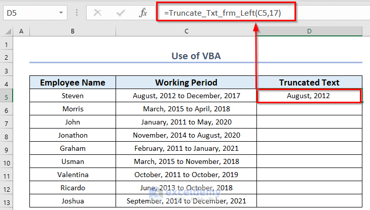 Using Defined Function to Truncate Text from Left in Excel
