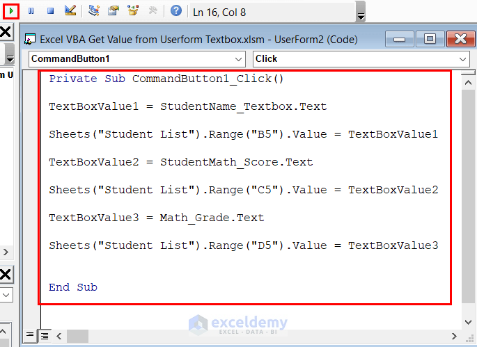 VBA Code for Excel VBA Get Value from Userform Textbox