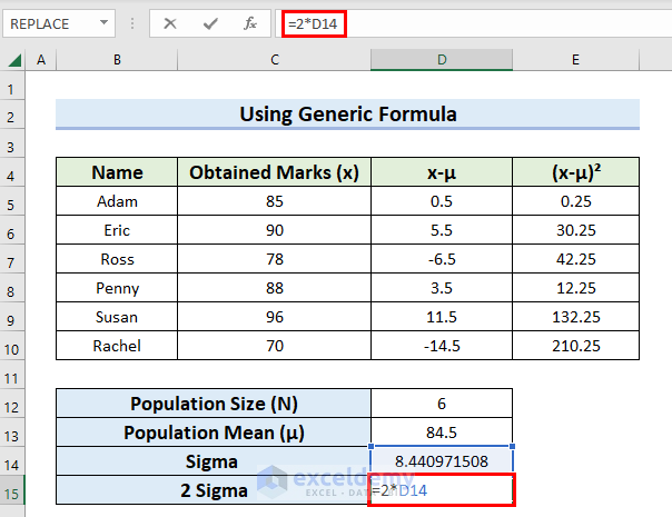 Calculate 2 Sigma Using Mathemetical Operation in Excel