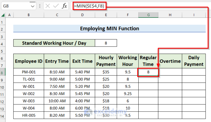 MIN Function to Calculate Regular Time for Oertime Payroll Formula