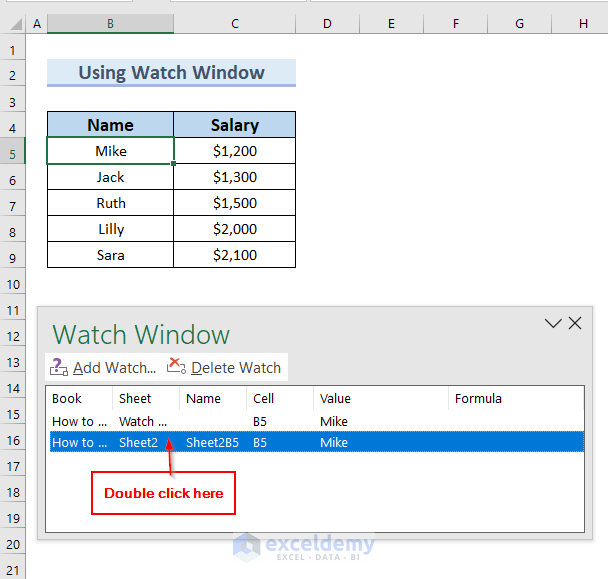 Double Clicking on Watch Window to Navigate Between Sheets in Excel 