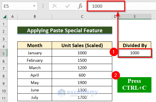 Employing Paste Special Feature for Resizing Numbers in Excel
