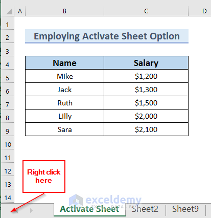 Employ Activate Sheet Option to Navigate Between Sheets in Excel 