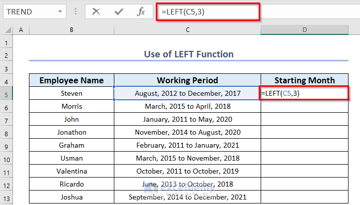 Use Excel LEFT Function to Abbreviate Text from Left