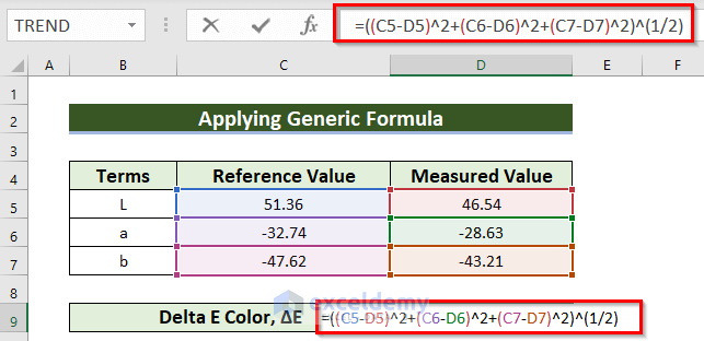 Use Generic Formula to Compute Delta E Color in Excel