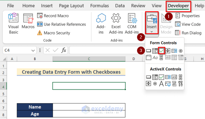 Insert Check Box from Form Controls to Create an Excel Data Entry Form that Includes Checkboxes