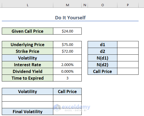 Practice Section to Calculate Volatility for Black Scholes in Excel