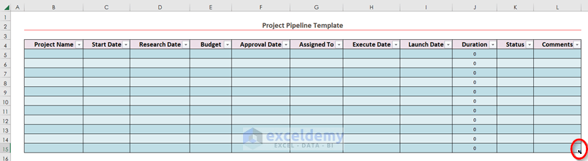 Changing Table Size of Project Pipeline in Excel