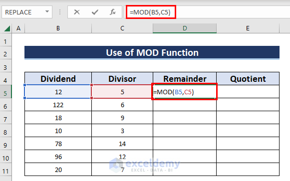 Use MOD Function to Separate Reminder and Quotient in Excel