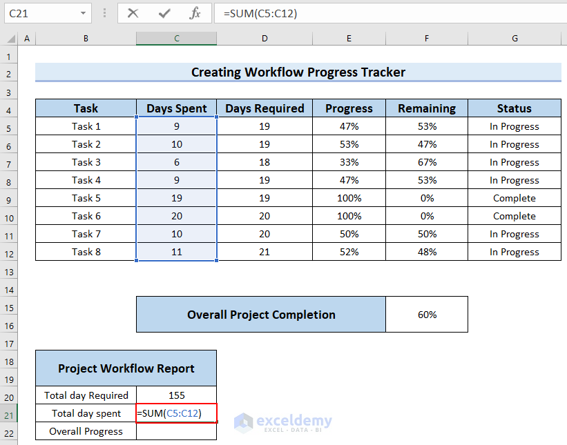 Calculating Total Day Spent for Workflow Tracker in Excel