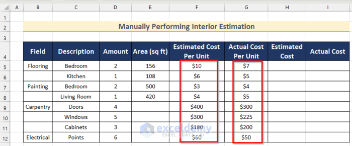 Calculate Estimated and Actual Cost to Do Interior Estimation in Excel