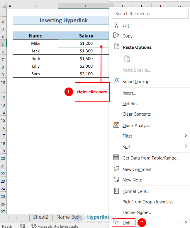 Inserting Hyperlink to Navigate Between Sheets in Excel 