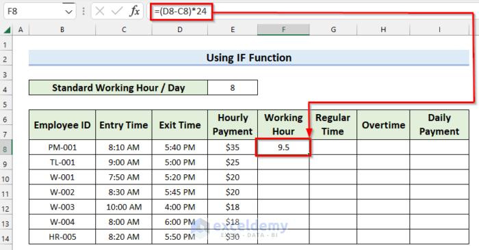 Performing Mathemetical Operations to Calculate Working Hour in Overtime Payroll Formula in Excel
